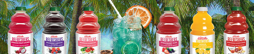 Dr. Smoothie Refreshers lined up on a beach