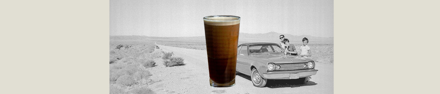 dubai chocolate cold brew beverage over vintage roadtrip photo