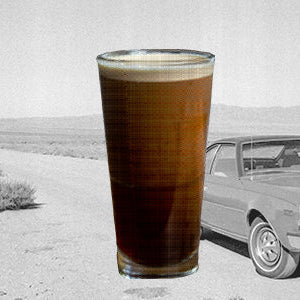 dubai chocolate cold brew beverage over vintage roadtrip photo