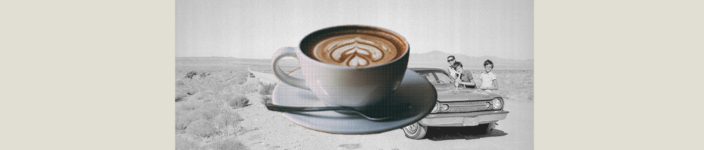 dubai chocolate latte over a vintage roadtrip photo