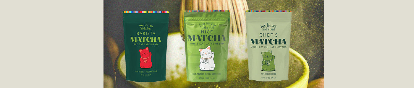 Matcha powders from Two Leaves and a Bud over someone whisking matcha