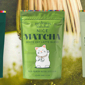 Matcha powders from Two Leaves and a Bud over someone whisking matcha