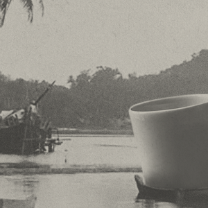 coffee mug floating on river