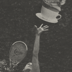 man hitting coffee latte with a tennis racket