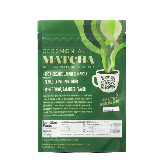 Two Leaves Ceremonial Matcha Single Serve Pack of 10 - 1.5oz packets