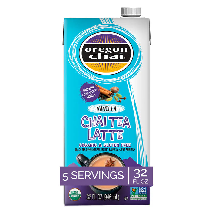 Oregon Chai Organic Vanilla Chai Tea Latte 1:1 Concentrate 6 - 32oz Cartons (CASE)