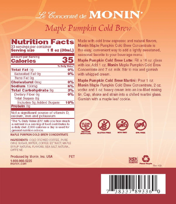 Monin Maple Pumpkin Cold Brew 7:1 Concentrate 1L Plastic Bottle